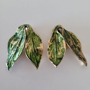 Vintage Mosell Leaves Earrings Art Deco Tropical Nature Signed Gold Green